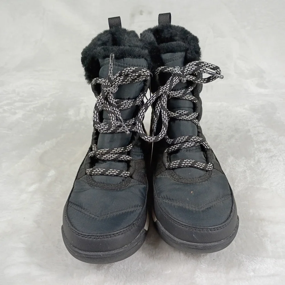 Sorel Winter Boots Womens 6 Black Excellent Waterproof Faux Fur Quilted Lace Up